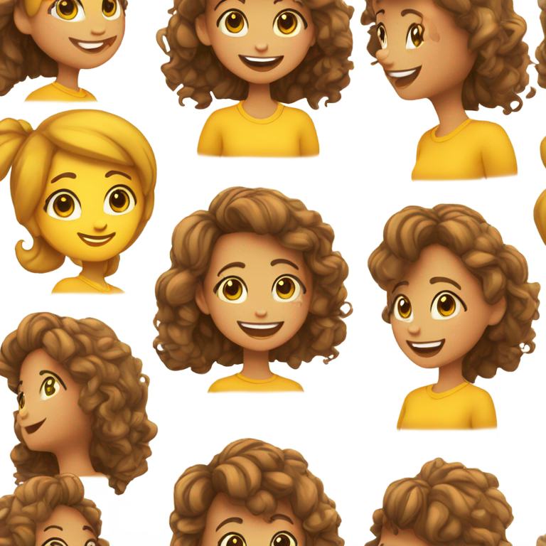 genmoji : Créez une fille aux cheveux courts, noirs et bouclés, à la peau claire, avec des yeux marron et un sourire heureux, portant des vêtements jaunes.