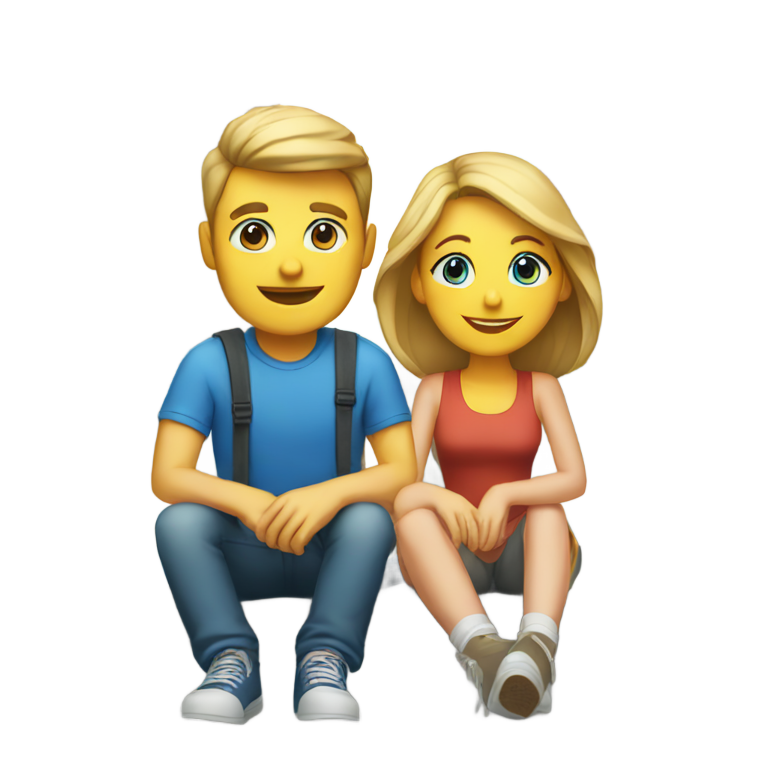 genmoji : Couple blanc assis sur le bord du trottoir, yeux bleus