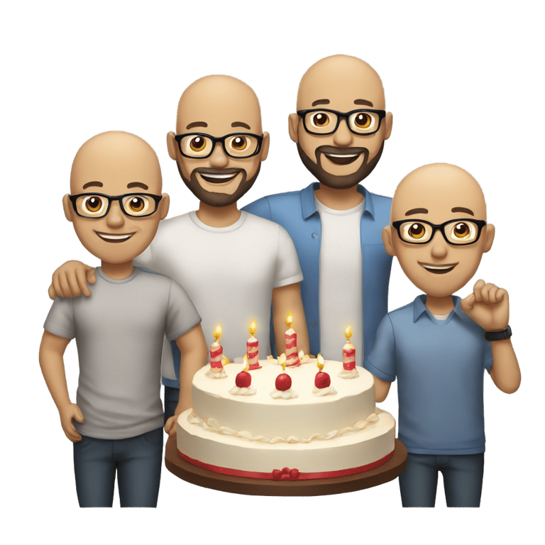 genmoji：三个人，皮肤白皙，围着蛋糕庆祝生日。其中一个光头，戴着眼镜，耳机和麦克风。另一个有胡子，黑发，戴眼镜。第三个光头，戴着帽子。