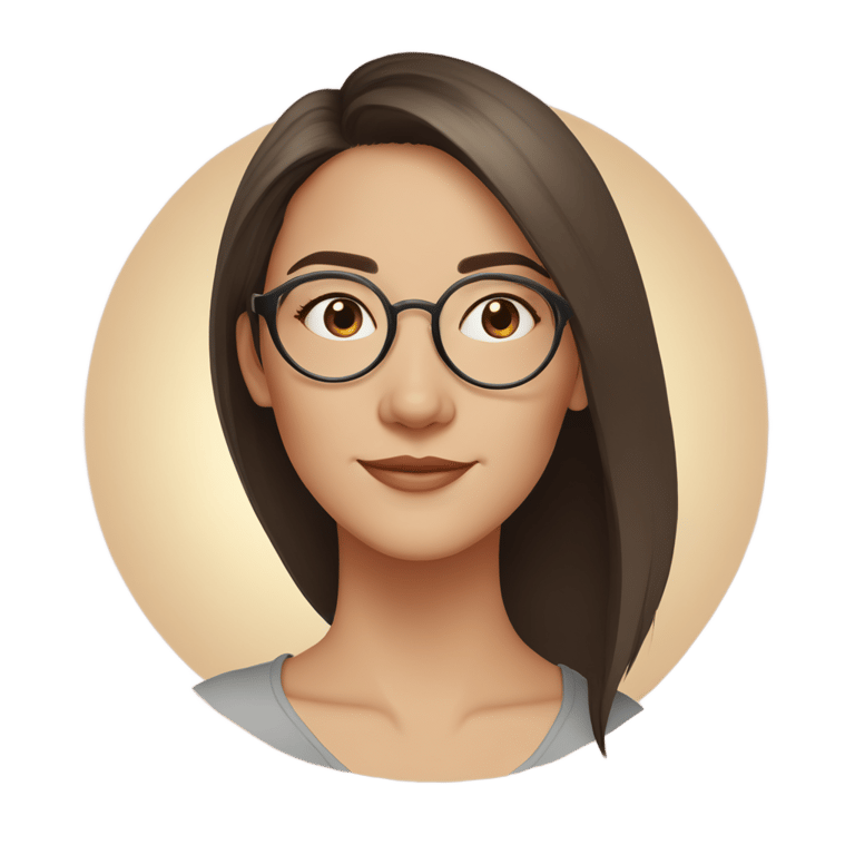 絵文字：A cartoon-style headshot illustration of a young woman with straight, dark brown hair, parted slightly off-center. She is wearing round, thin-framed eyeglasses with gold-colored rims and temples. The background is a circular shape with a soft gradient, transitioning from a light 