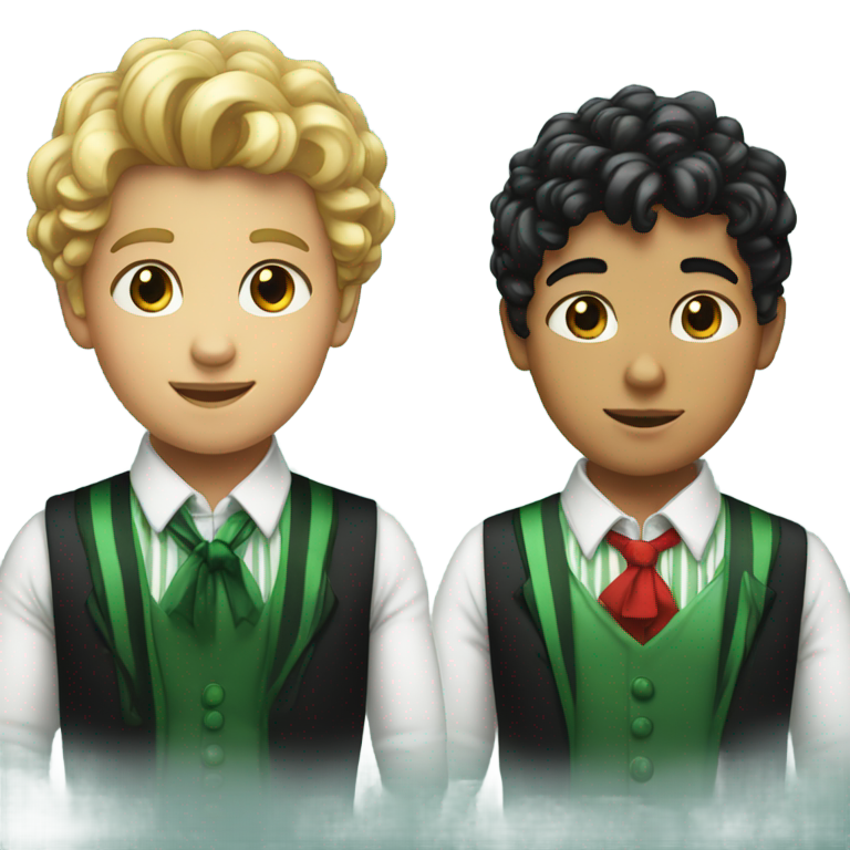 genmoji：两个男孩，一个金发卷发，穿绿色和深绿色条纹衬衫；另一个黑发直发，穿白色衬衫配红色领结。