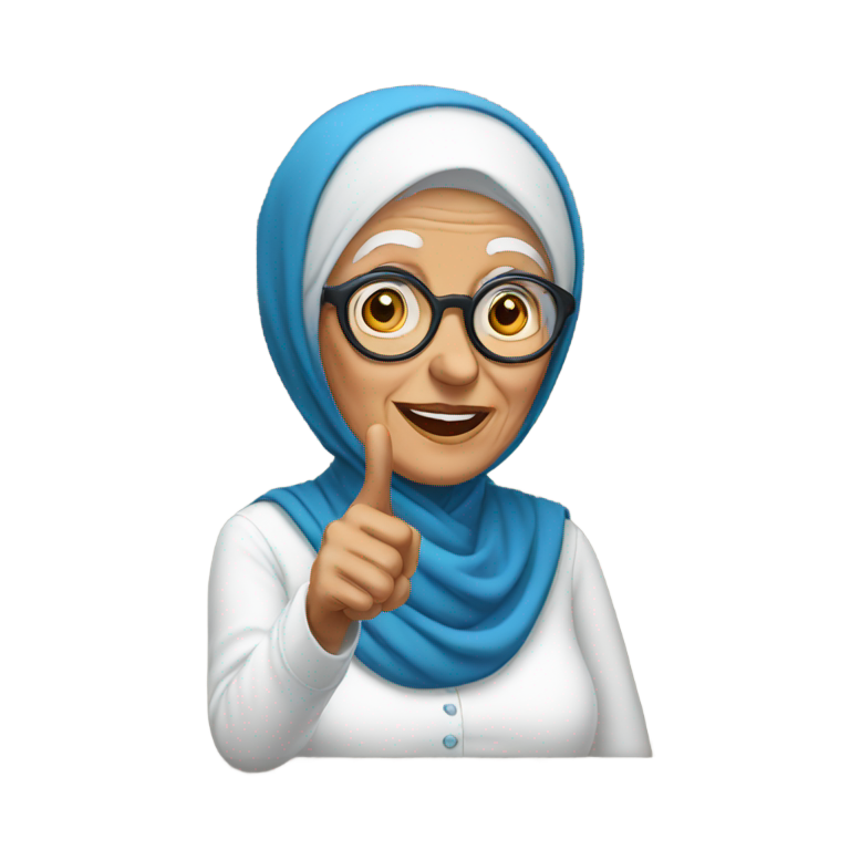 genmoji：戴眼镜、蓝色头巾和白衬衫的老妇人正在指手画脚。