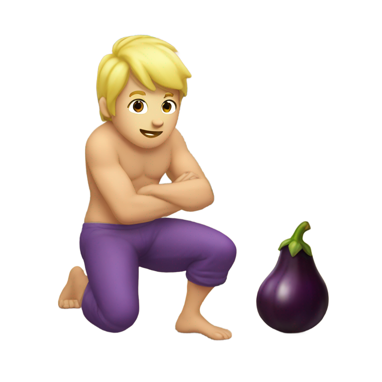 genmoji : Homme blond torse nu agenouillé face à un aubergine