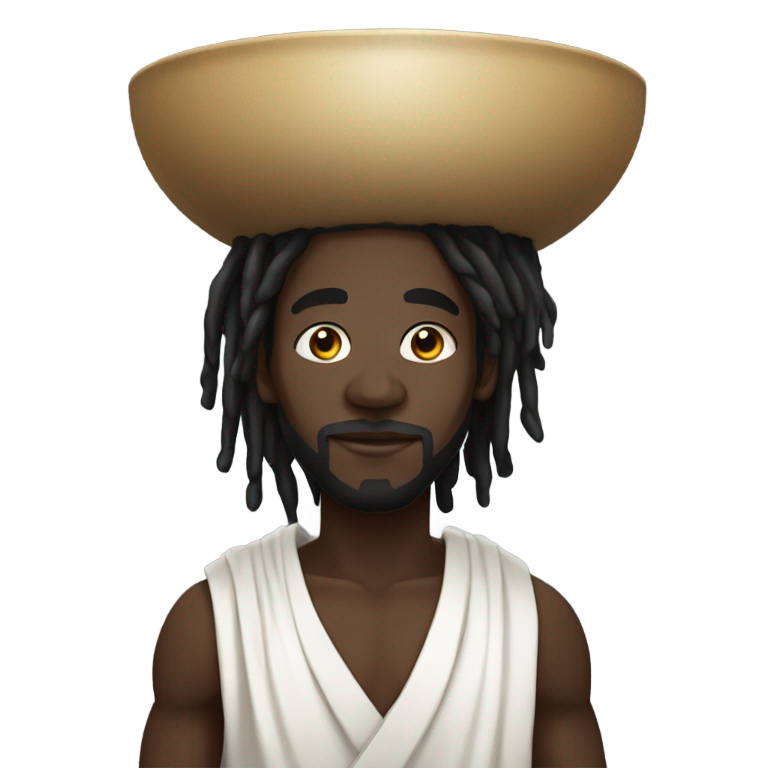 genmoji : Homme africain aux dreadlocks portant un grand bol sur la tête, vêtu de robes noires et blanches.