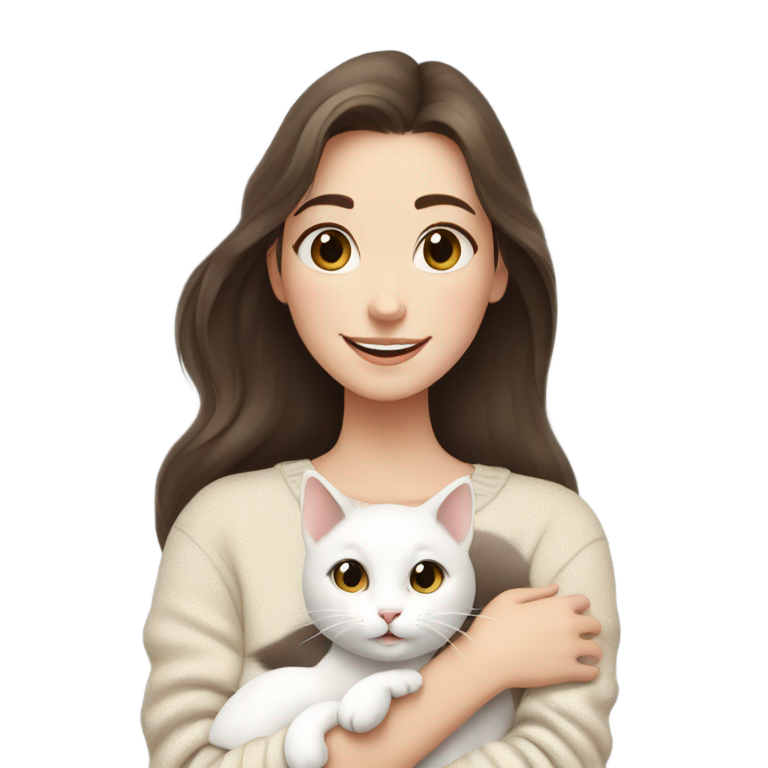 genmoji : brunette girl in beige sweater happily hugs her white cat with grey spots on it