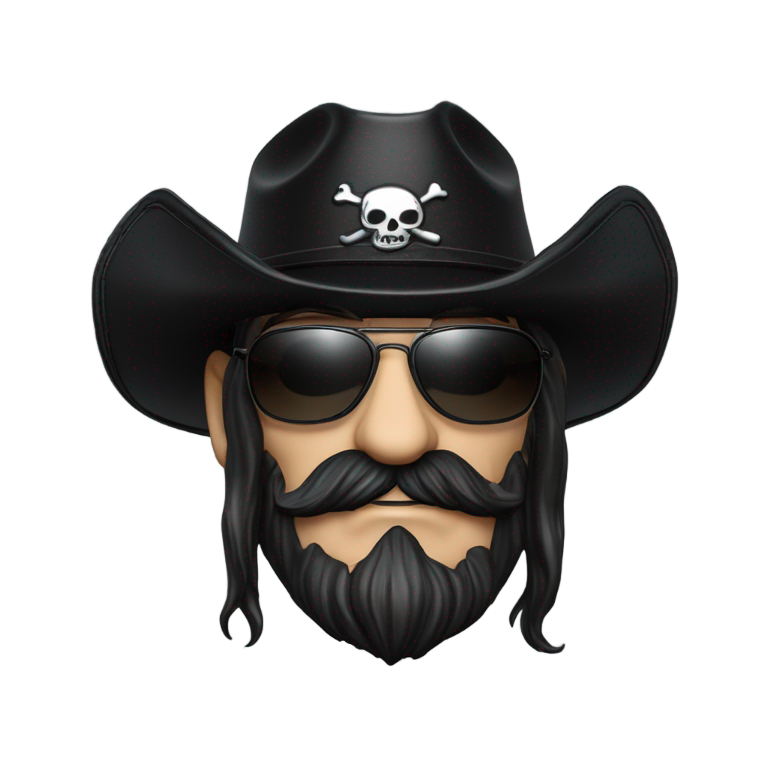 genmoji：莱米·基尔米斯特戴着黑色雷朋眼镜，留着苏沃洛夫式胡须，头戴低顶黑色皮革高礼帽，帽子中央有海盗旗。