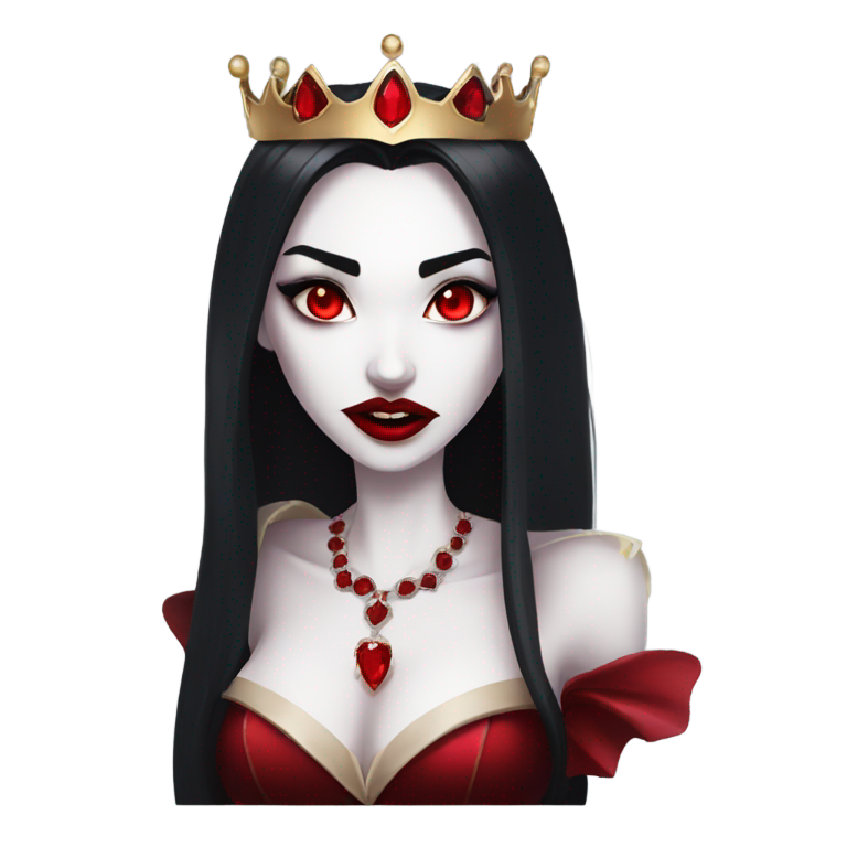 genmoji：邪恶的吸血鬼公主，戴着红宝石王冠，肤色纯白，嘴角滴着红血，黑色长发，红色眼睛。