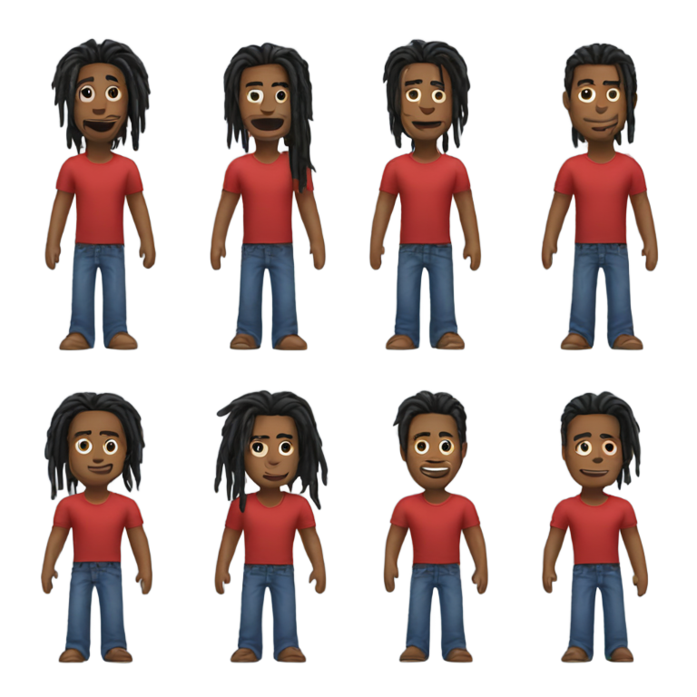 genmoji: Red shirt brownskin standing emoji with black dreads and blue jeans