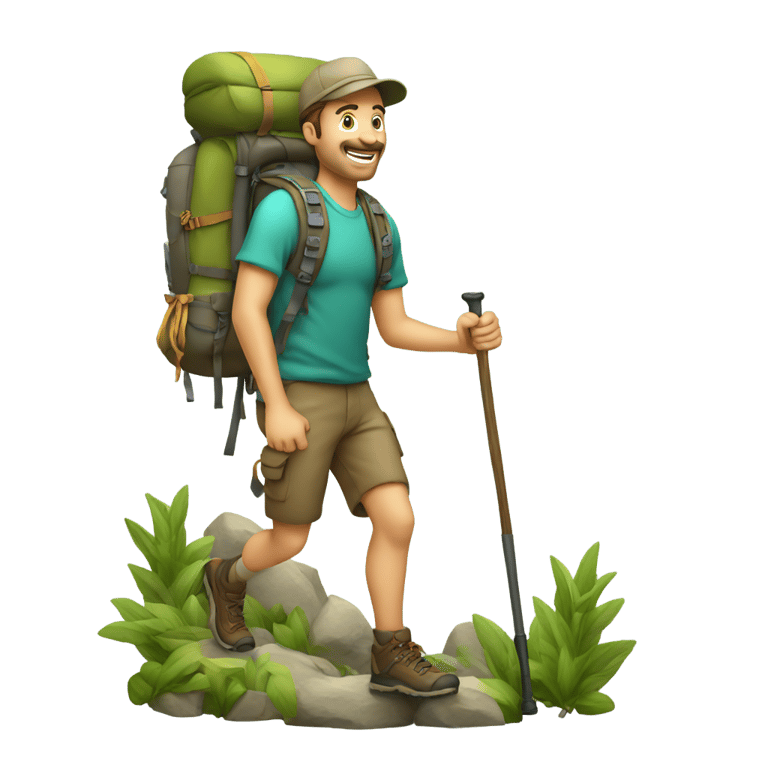 genmoji : man hiking, hiking backpack, hiking stick