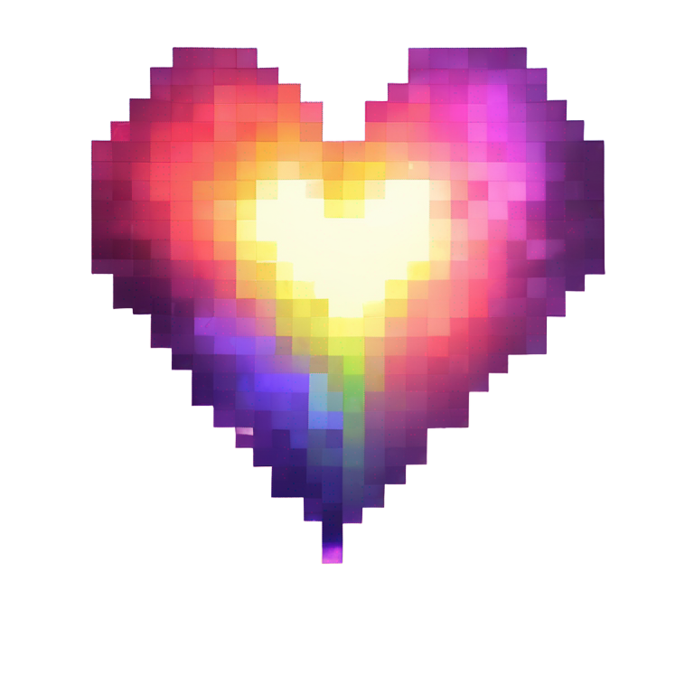 genmoji: Minecraft pixel rainbow heart, glowing black outline, floating in limbo void, soft fog, mysterious light, magical aura, pixelated background."**