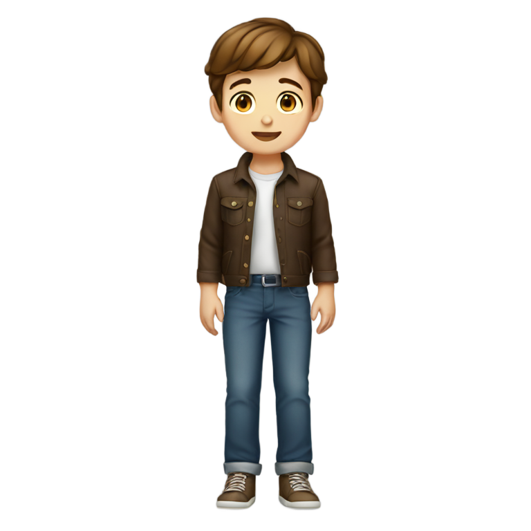 genmoji : Garçon aux cheveux bruns tenant sa taille, en pied.