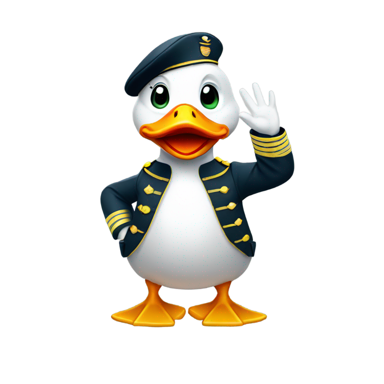 genmoji : Un canard blanc en uniforme militaire avec des lunettes à monture rouge faisant le salut militaire d'une main