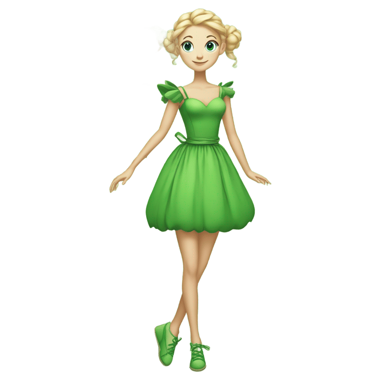 絵文字：A fairy with a light skin tone, blue eyes and blonde hair tied up in an elegant bun. She wears a green dress made of leaves and a cotton ball in each of her green shoes