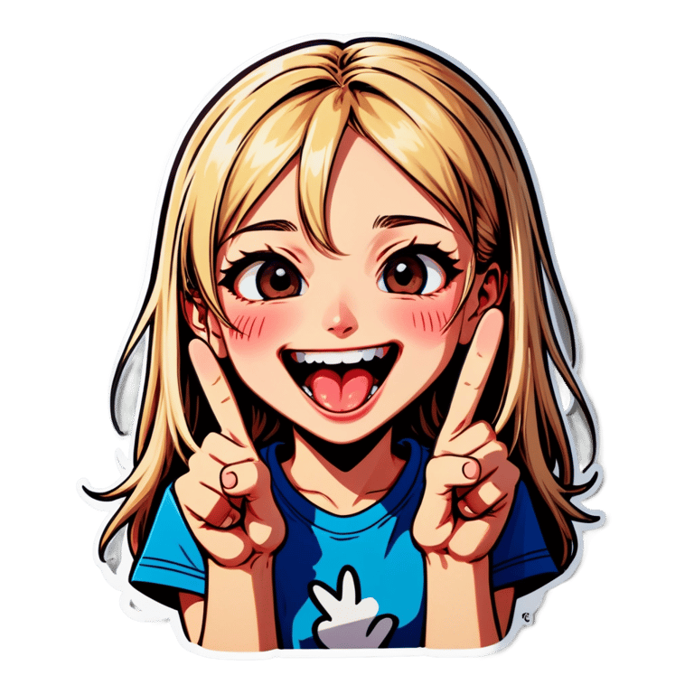 genmoji : Une mignonne fille blonde aux cheveux longs dans un style anime, faisant une expression ahegao. Elle sourit malicieusement et fait un signe de paix près de son visage. L'œuvre est vive et expressive, avec des yeux exagérés et la langue sortie, évoquant un design de sticker amusant et espiègle.