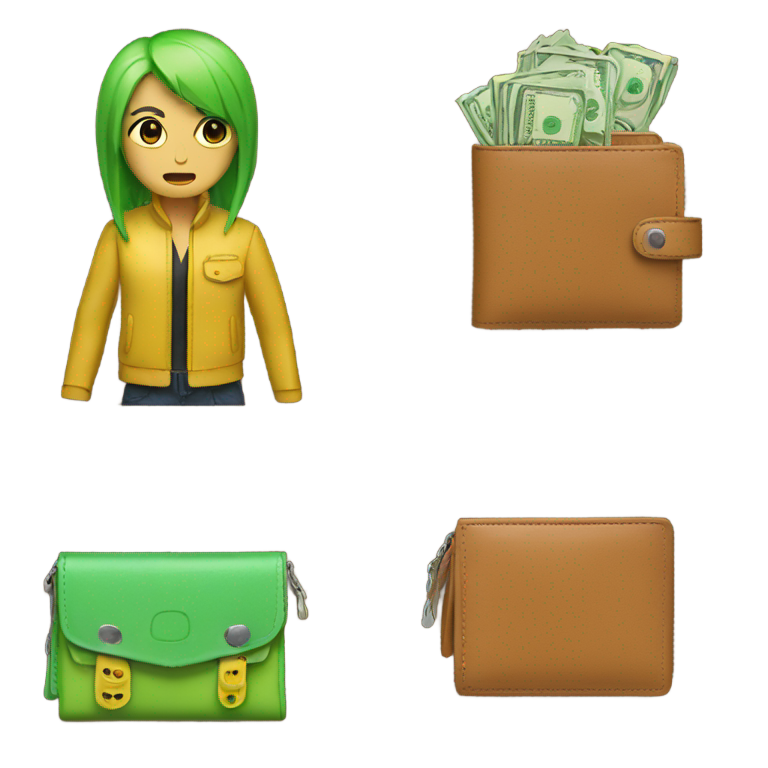 genmoji：棕色钱包，绿色头发，黄色夹克，愤怒表情