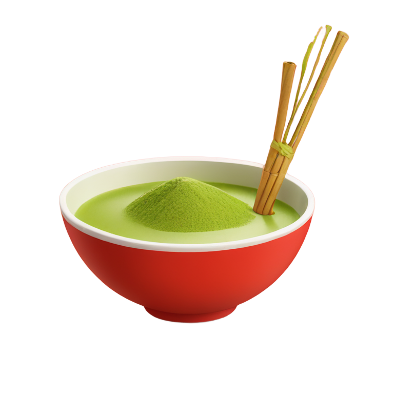 絵文字：Emoji on red background depicting an matcha white bowl and Japanese Matcha Whisk