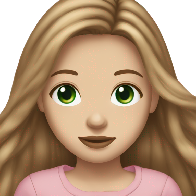 genmoji : Fille aux cheveux châtains clairs et longs avec des couches, yeux verts, peau claire avec quelques grains de beauté, portant un haut rose Blue Brandy Melville avec une fleur rose.