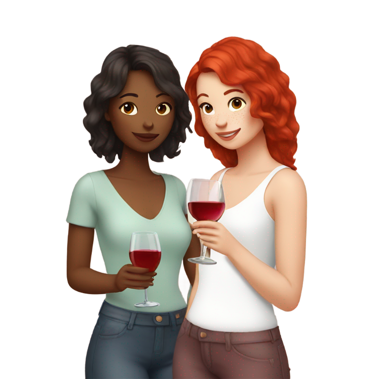 genmoji：两个女孩在喝酒。一个是黑发，一个是草莓红头发且有雀斑。