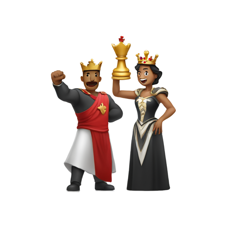 genmoji: A mixed guy with a black crown with red jewels on shouting in triumph, determined, with his hand in a fist pump celebrating, he is extending forward his other hand showing off the chess piece a white king that he captured in his palm