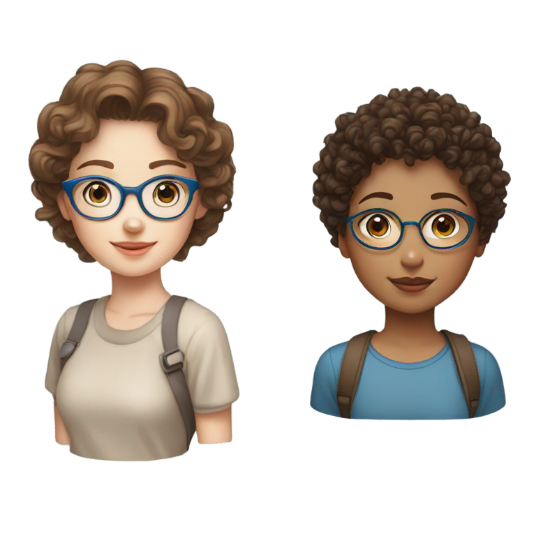 genmoji：一个短棕发、浅棕肤色、蓝眼睛的女孩和一个卷棕发、苍白肤色、蓝眼睛、戴金属框眼镜的女孩在一起。
