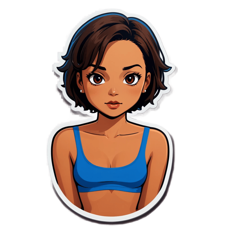 genmoji: Woman, short hair, dusky skin, blue tube top, exposed genitalia