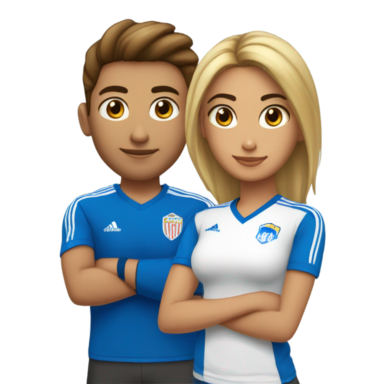 genmoji：黑发长发女孩和蓝眼金发短发穿足球衫的男孩，恋爱中。