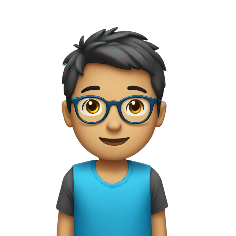 genmoji: A boy wearing specs with a circular frame witha blue t shirt looking smart