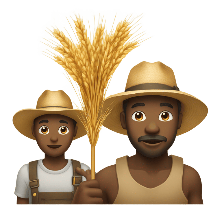 genmoji : black man with a straw hat with wheat in his mouth holding a pitchfork with his master in the backround