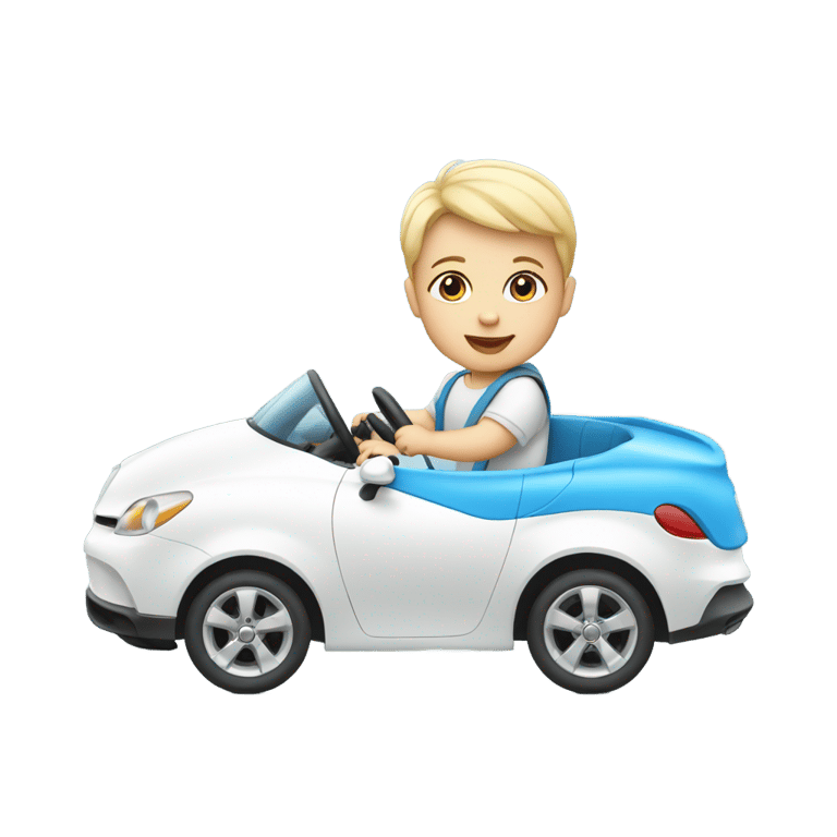 genmoji: Baby driving a White car with blue roof