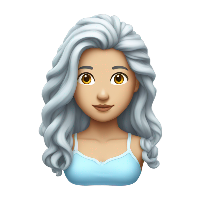 genmoji: The bust of a youthful pranic taiwanese lady with very tanned skin and long cascading hair dyed white as snow, with a light blue tank top