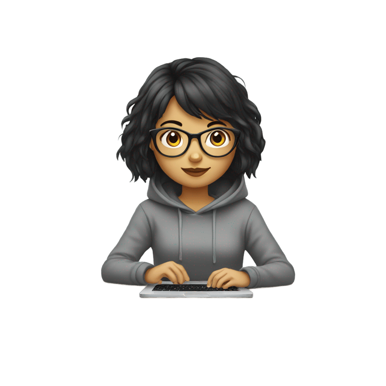 絵文字：girl sitting at desk with glasses and black hair on her laptop with gray hoodie and bangs