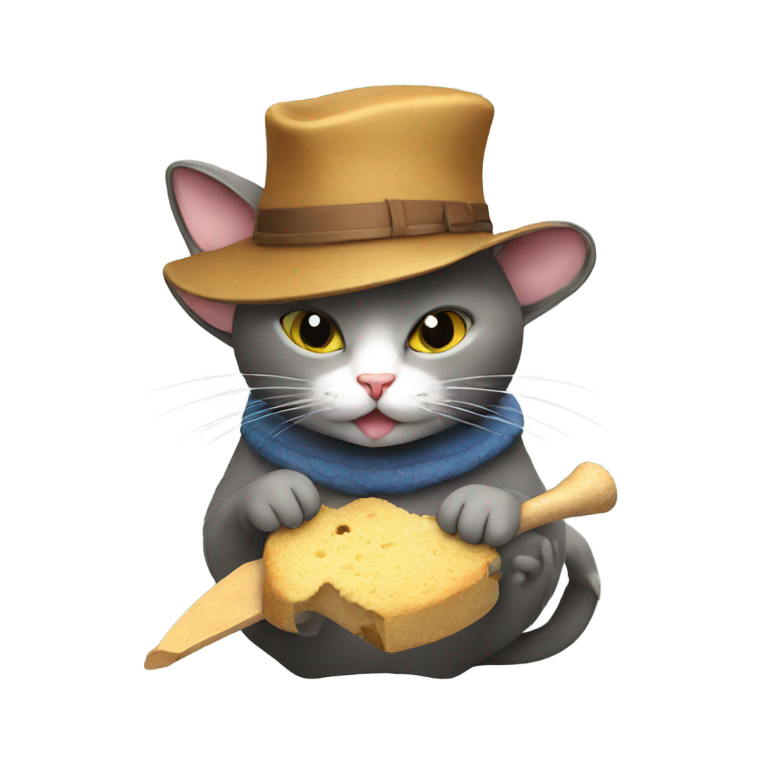 genmoji: cat wearing a hat eating a rat holding a bat