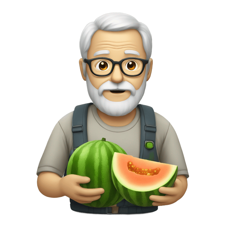 genmoji：Old man with beard and glasses holding melon