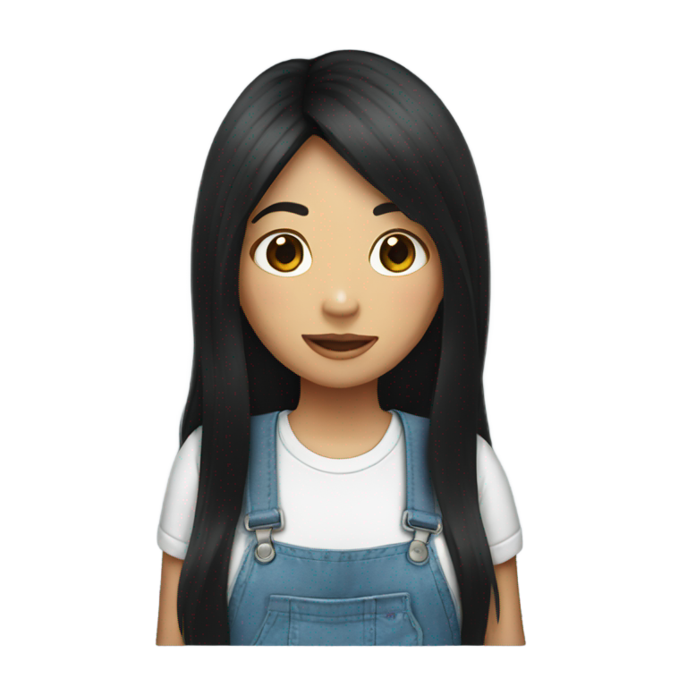 絵文字：長い黒髪の女の子、オーバーオール着用