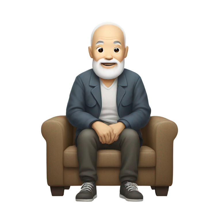genmoji：老亚洲秃顶男子，头顶白色马尾辫，长白胡须，盘腿悬浮在空中