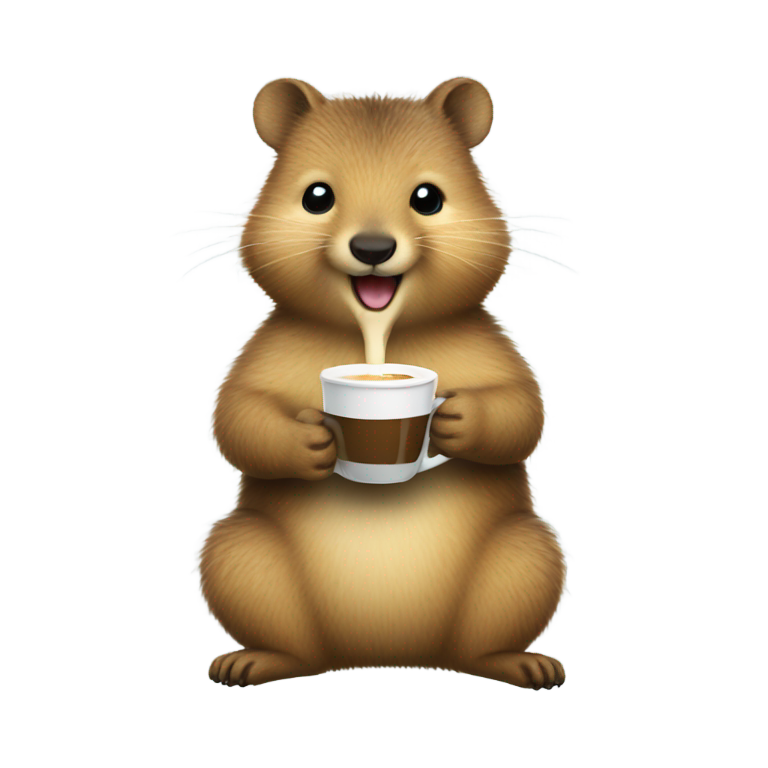 絵文字：雨の中でコーヒーを飲む幸せなクオッカ