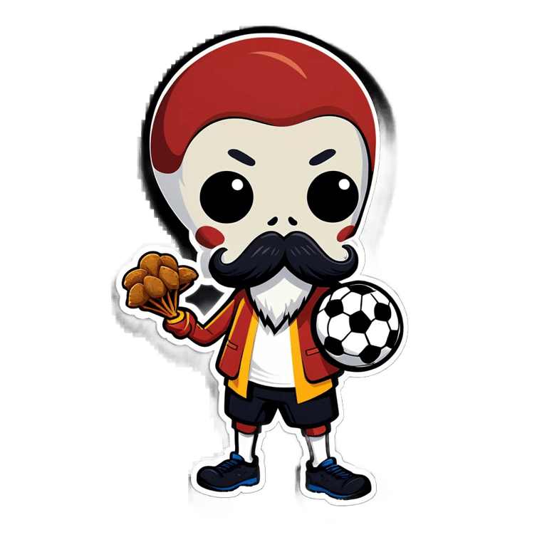 genmoji: squid with mustachio holding a soccer ball and chicken wing