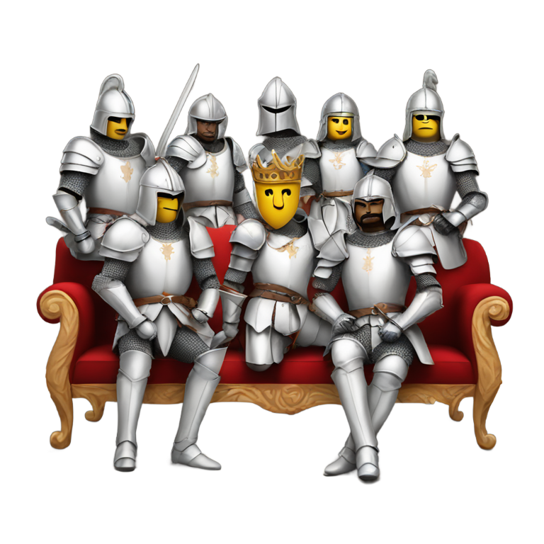 genmoji: 5 knights in white standing behind a king on a sofa