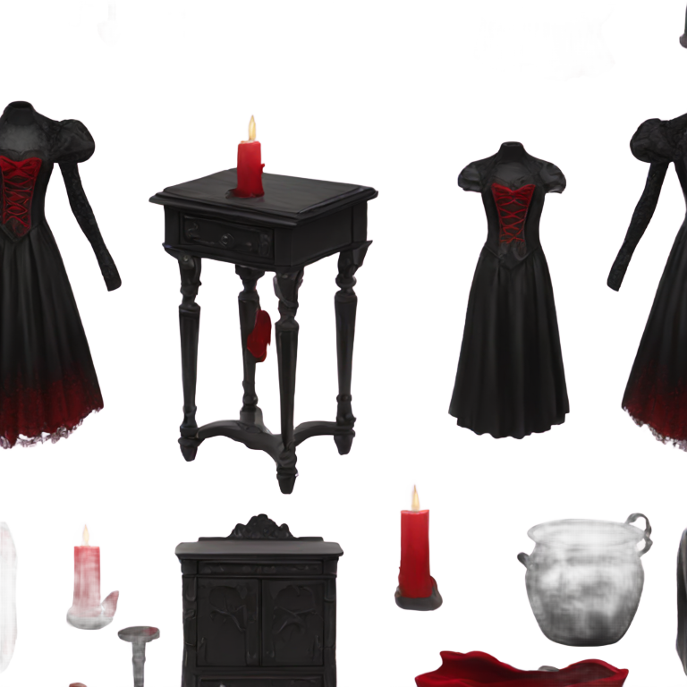 genmoji : Coiffeuse vintage gothique rouge et noire, autel de sorcière