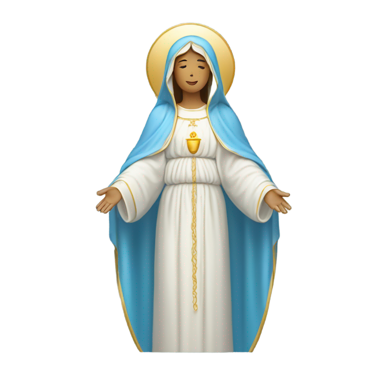 genmoji: Virgin Mary  with smooth sky-blue robe, white veil, small golden halo, stand, with open arms