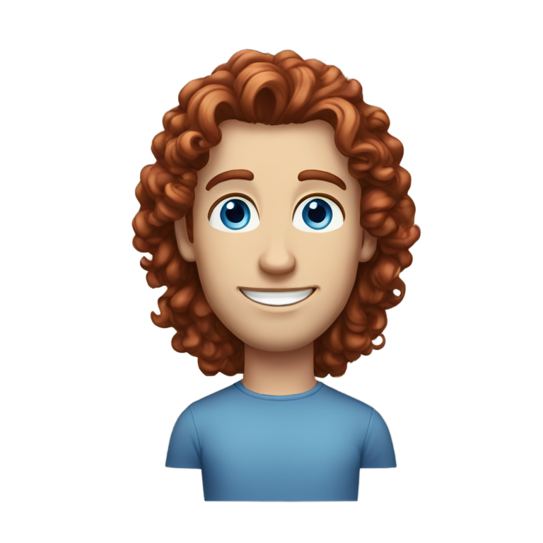 genmoji：蓝眼睛、肤色非常白皙、长而深红色的卷发、深蓝色眼睛、宽鼻子、强壮的下巴的男人