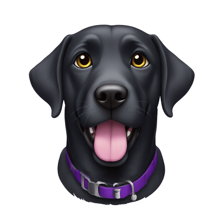 genmoji: A black Labrador with a purple collar and some grey hairs around the mouth
