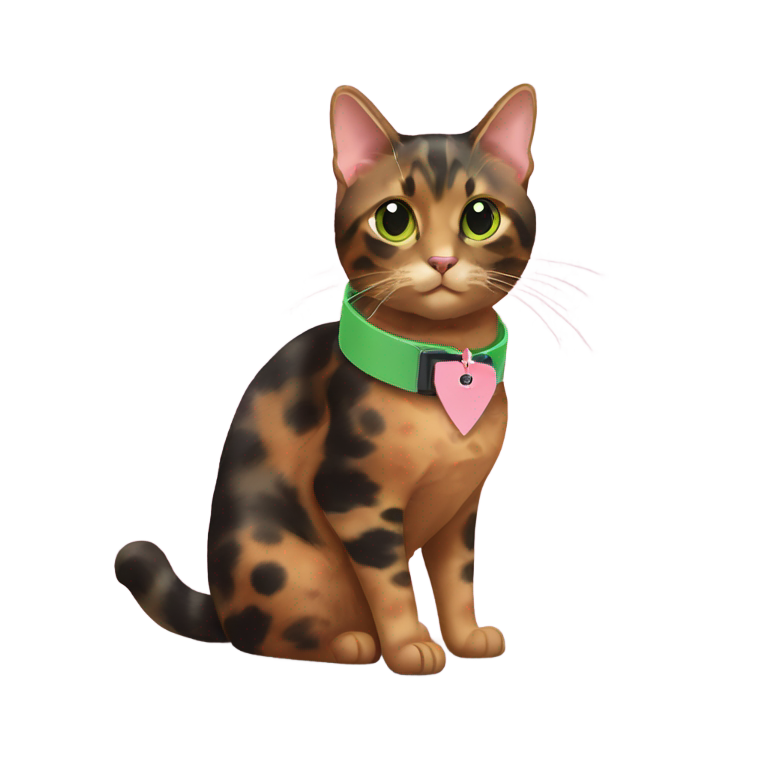 genmoji：玳瑁猫戴着粉色细猫项圈，上面有一个绿色叶形小标签