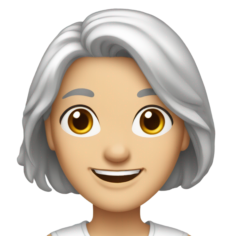 絵文字：64歳の白人女性。長い流れるような灰色の髪、しわ、茶色の目、白いTシャツを着て微笑んでいます。