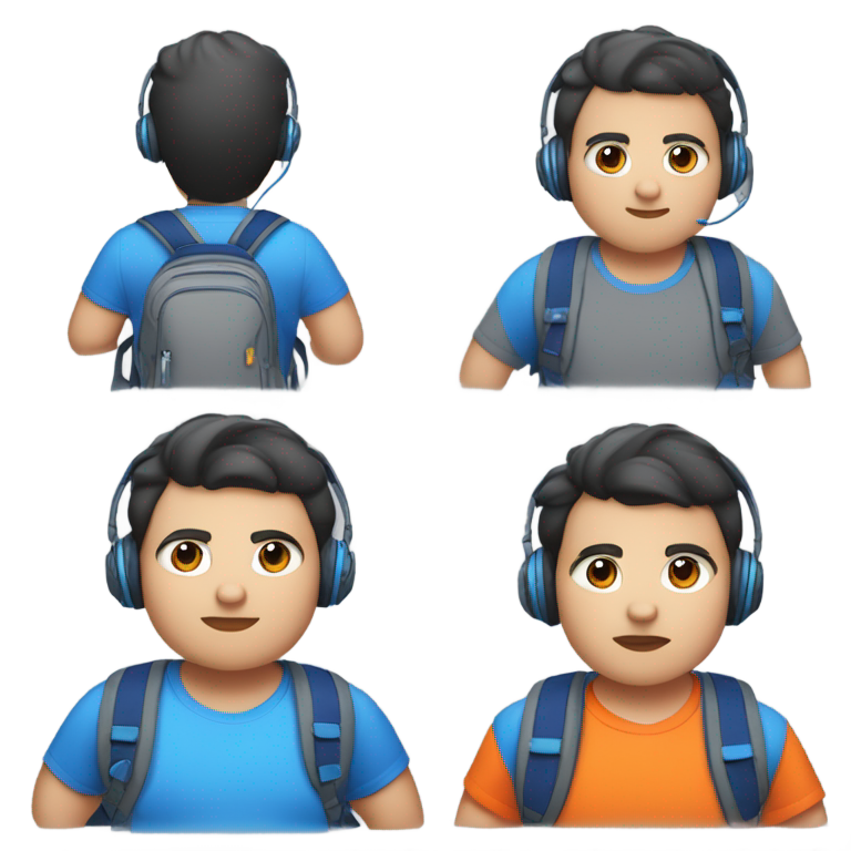 genmoji : Enfant en surpoids aux cheveux brun foncé en forme de M, portant des écouteurs orange et bleu, un sac à dos transparent gris, une chemise d'uniforme bleue et un short gris, autiste.