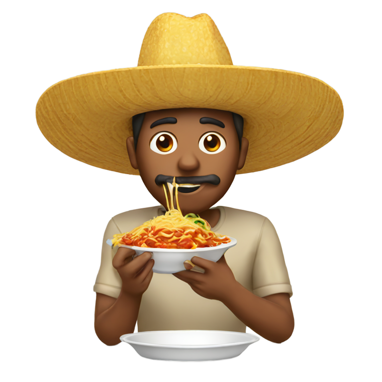 絵文字：ソンブレロをかぶった男性がソース付きスパゲッティを食べる