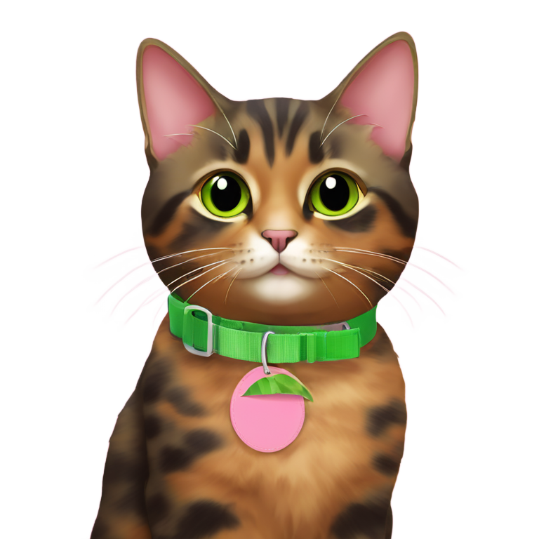 genmoji：玳瑁猫戴着带有绿叶形标签的粉红色细猫项圈