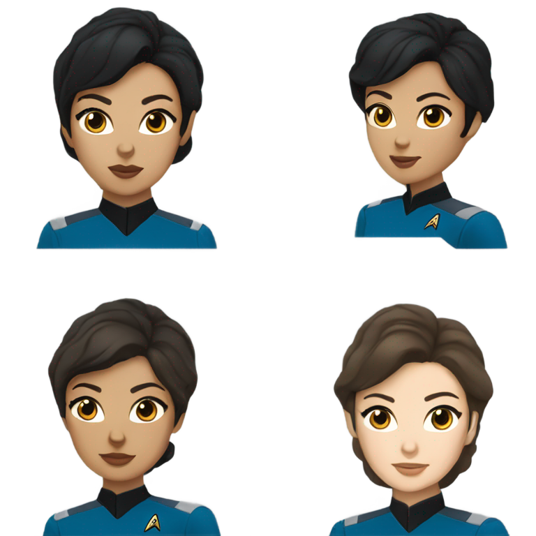 genmoji: Star Trek woman wear blue uniform have messy black middle hair have brown eyes have white skin