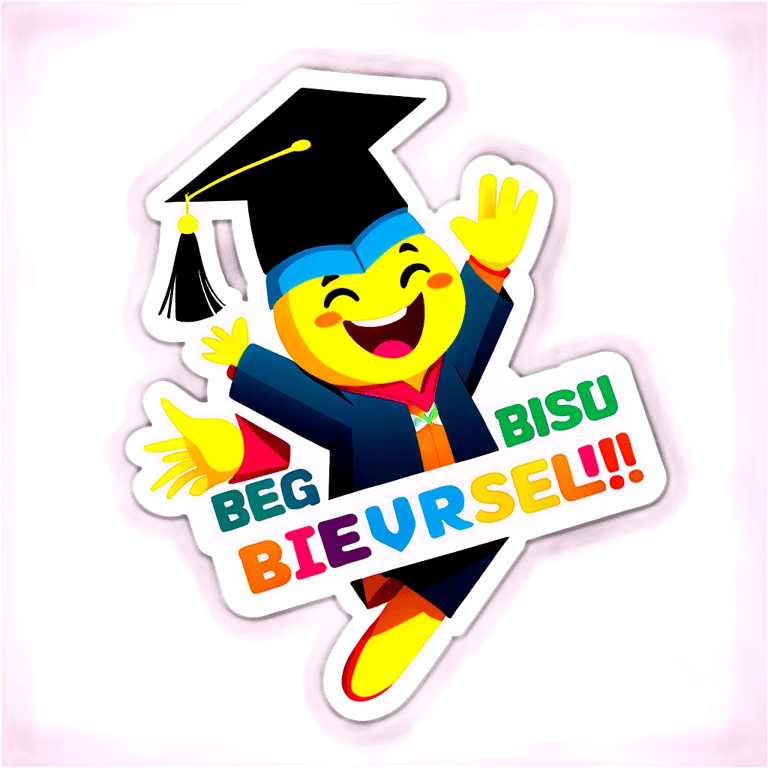 genmoji：Cute cartoon music note with graduation cap, jumping happily. Text: 'Believe in Yourself! Spring Recital 2025'. Bright colors, white outline, sticker style, transparent background."