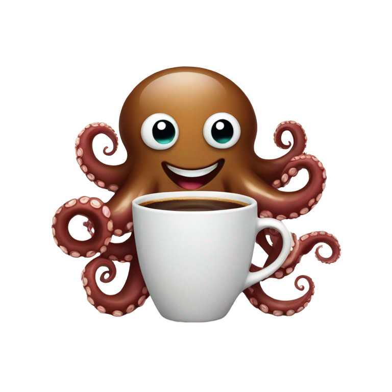 genmoji：一只章鱼一只手拿着巧克力，另一只手拿着咖啡，诱惑地微笑